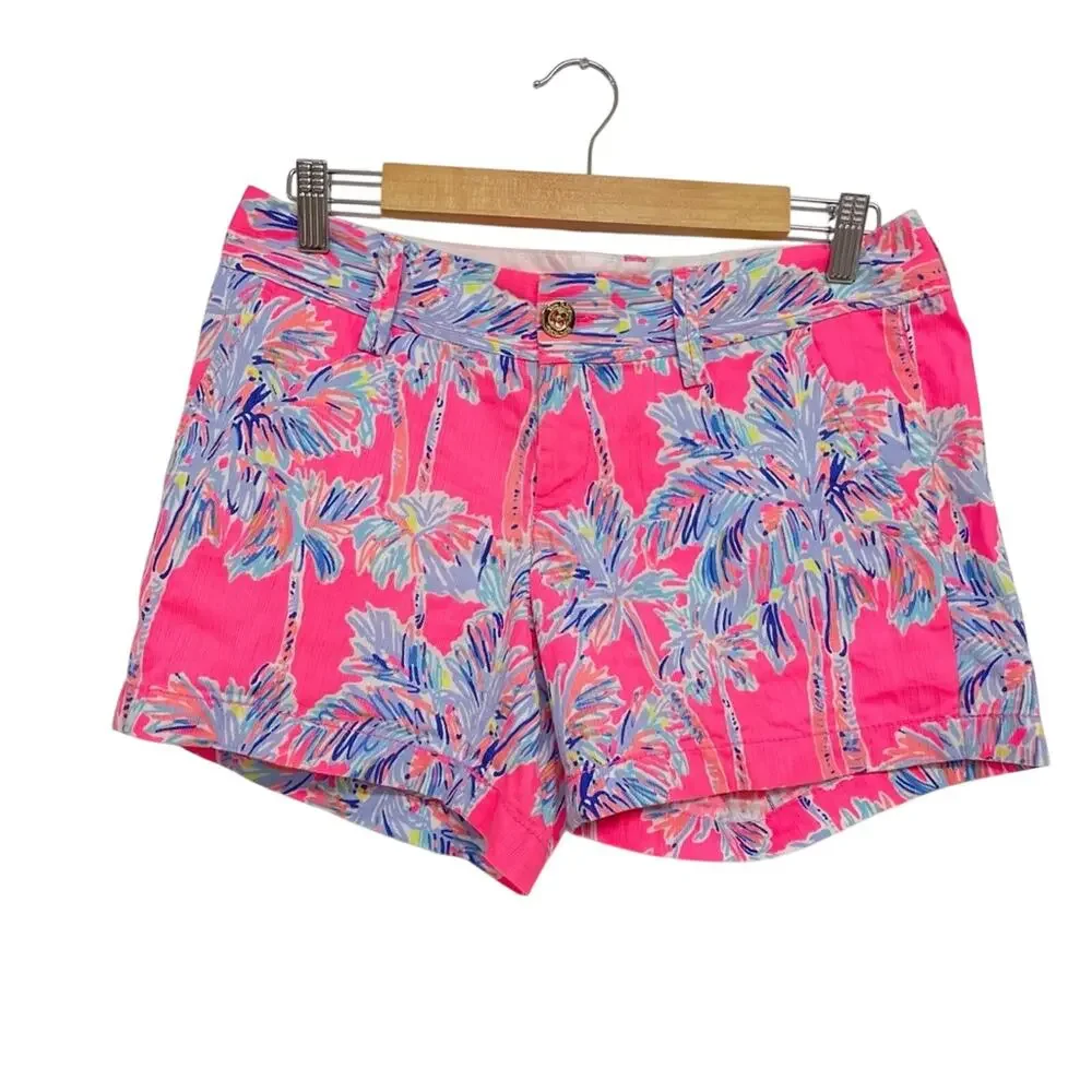 Lilly Pulitzer Pink Blue Palm Print Chino Shorts Womens 2 Beachy Summer Vacation